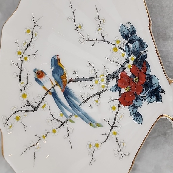 Vintage Ceramic Fan Dish with Birds & Cherry Blossoms from Japan - Picture 2 of 7